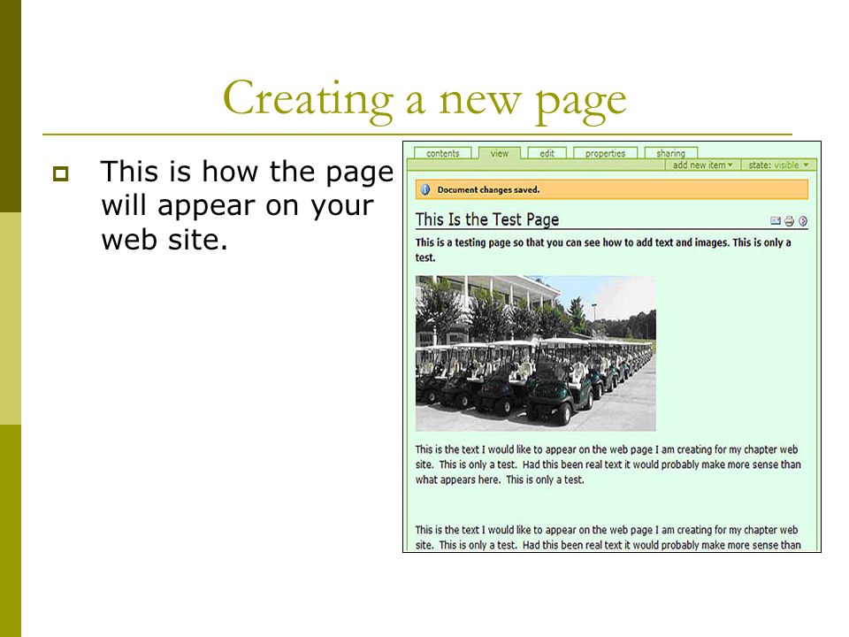 Creating a new page  This is how the page will appear on your web site.