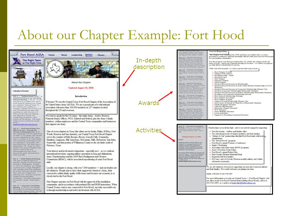 About our Chapter Example: Fort Hood In-depth description Awards Activities
