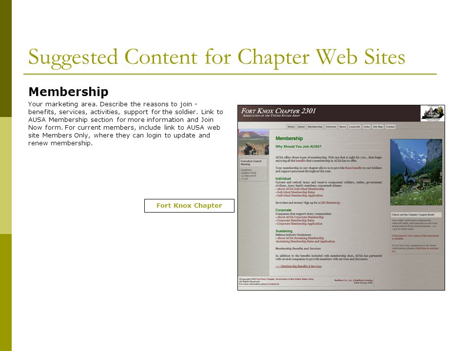 Suggested Content for Chapter Web Sites Membership Your marketing area.