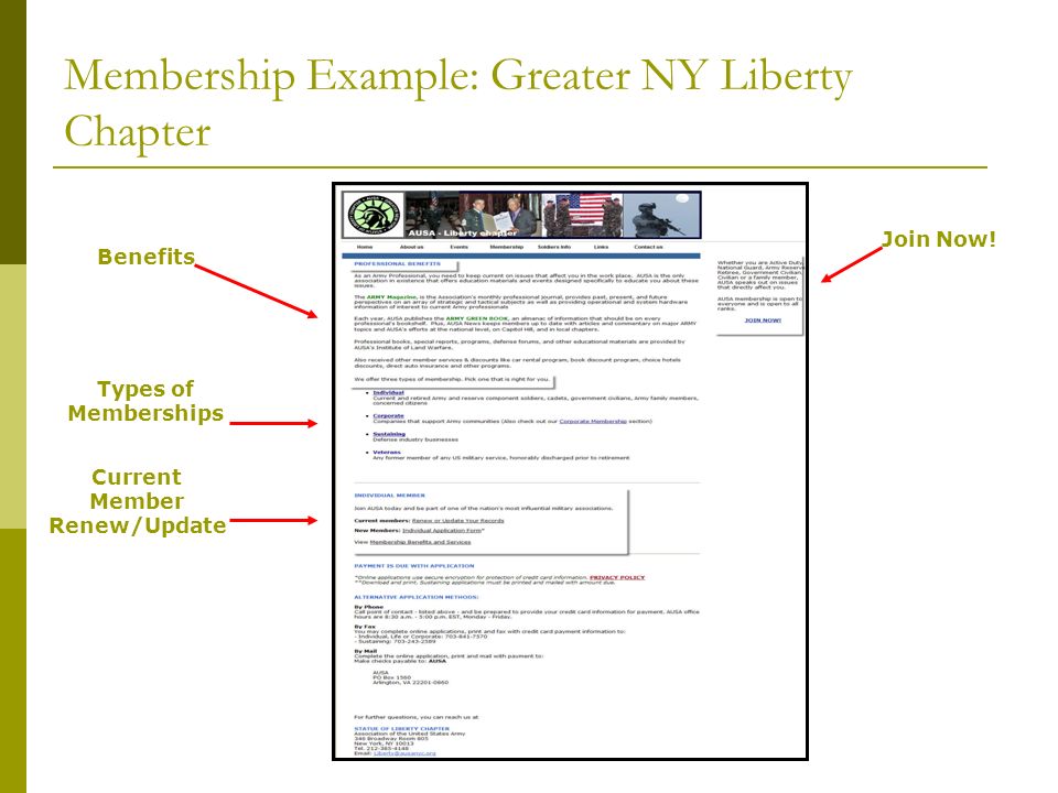 Membership Example: Greater NY Liberty Chapter Current Member Renew/Update Benefits Join Now.