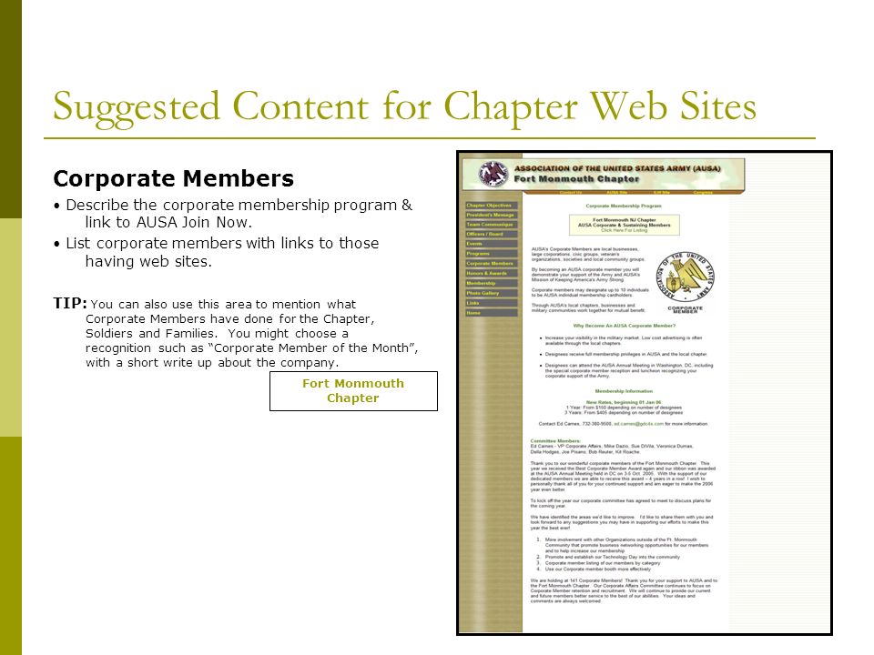 Suggested Content for Chapter Web Sites Corporate Members Describe the corporate membership program & link to AUSA Join Now.