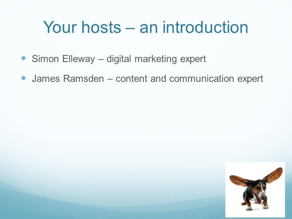 Your hosts – an introduction Simon Elleway – digital marketing expert James Ramsden – content and communication expert