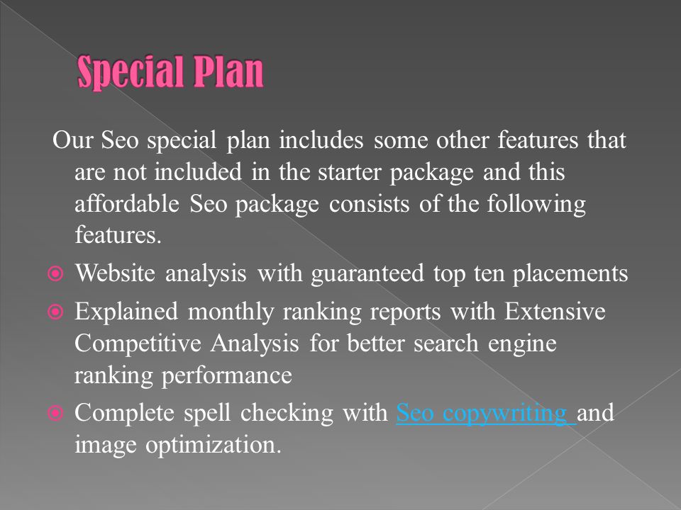 Our Seo special plan includes some other features that are not included in the starter package and this affordable Seo package consists of the following features.