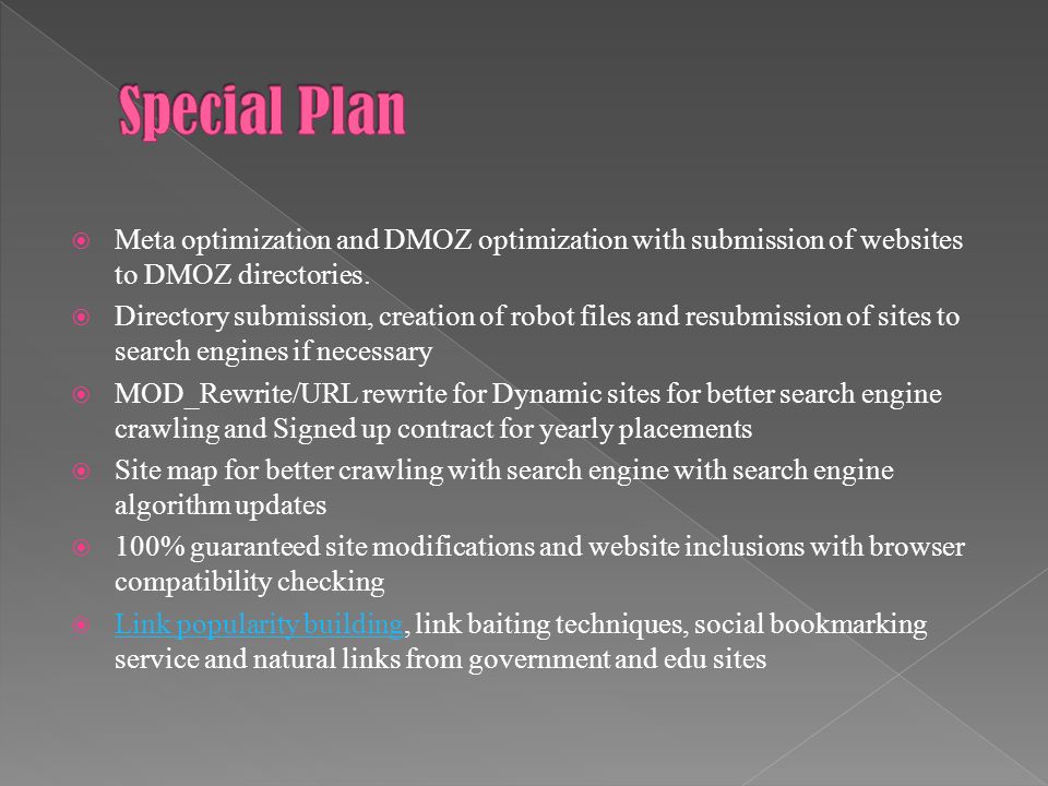  Meta optimization and DMOZ optimization with submission of websites to DMOZ directories.