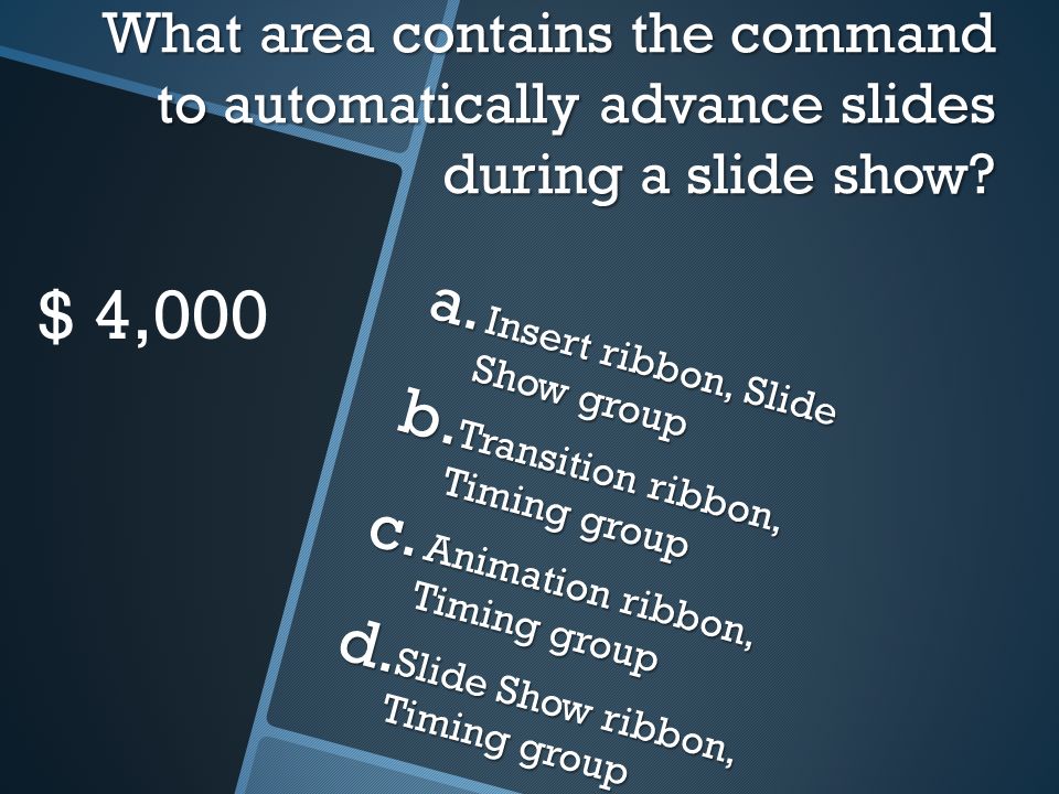 What area contains the command to automatically advance slides during a slide show.