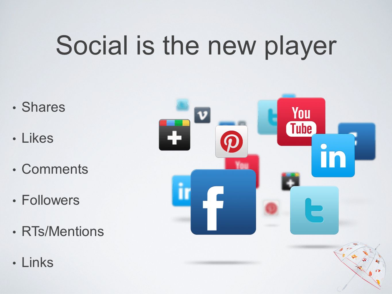 Social is the new player Shares Likes Comments Followers RTs/Mentions Links