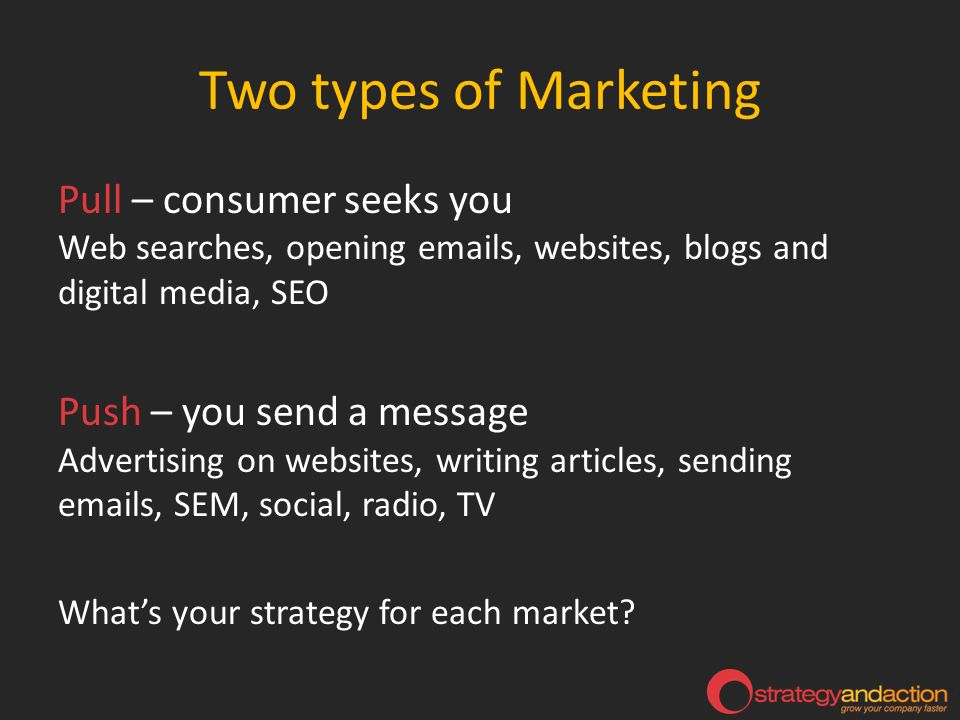 Two types of Marketing Pull – consumer seeks you Web searches, opening  s, websites, blogs and digital media, SEO Push – you send a message Advertising on websites, writing articles, sending  s, SEM, social, radio, TV What’s your strategy for each market