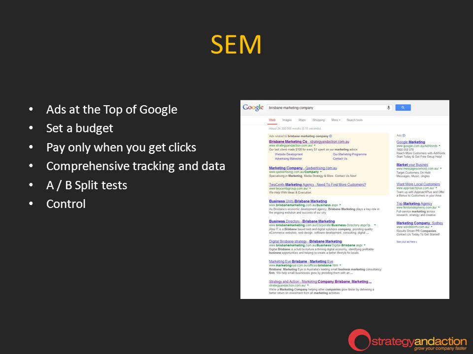 SEM Ads at the Top of Google Set a budget Pay only when you get clicks Comprehensive tracking and data A / B Split tests Control