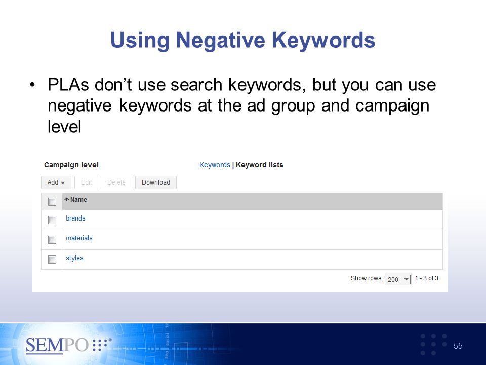 Using Negative Keywords PLAs don’t use search keywords, but you can use negative keywords at the ad group and campaign level 55