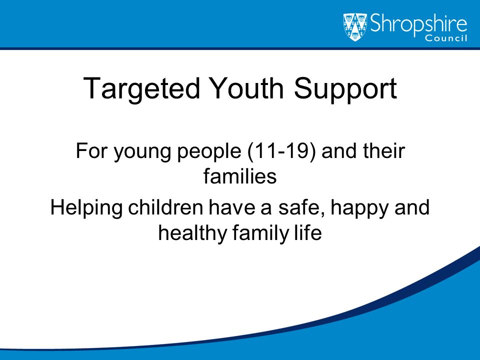 Targeted Youth Support For young people (11-19) and their families Helping children have a safe, happy and healthy family life