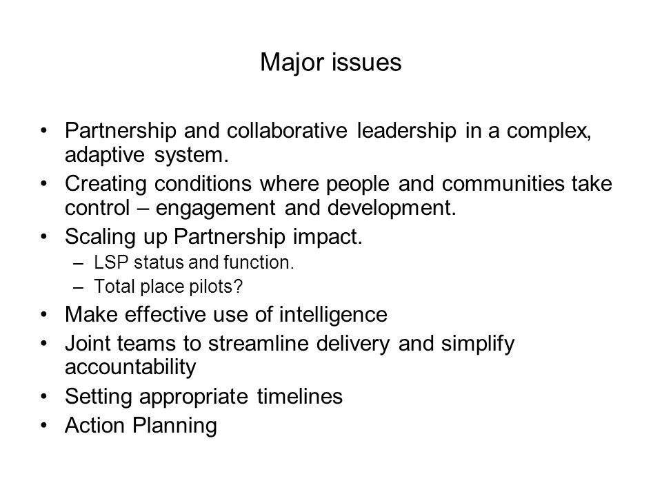 Major issues Partnership and collaborative leadership in a complex, adaptive system.