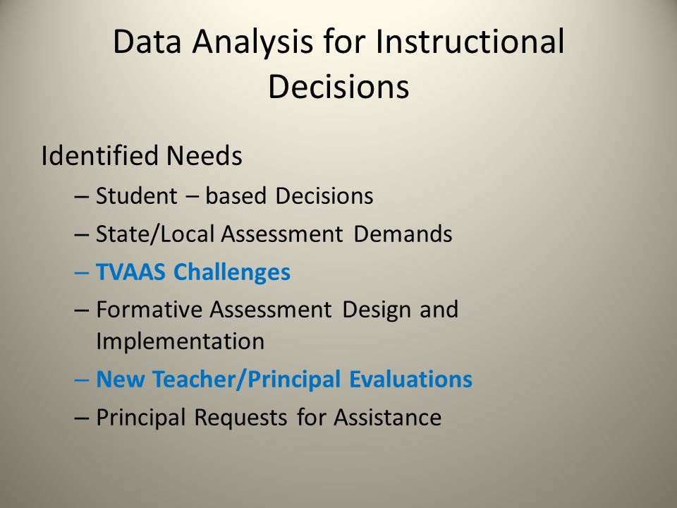 Identified Needs – Student – based Decisions – State/Local Assessment Demands – TVAAS Challenges – Formative Assessment Design and Implementation – New Teacher/Principal Evaluations – Principal Requests for Assistance