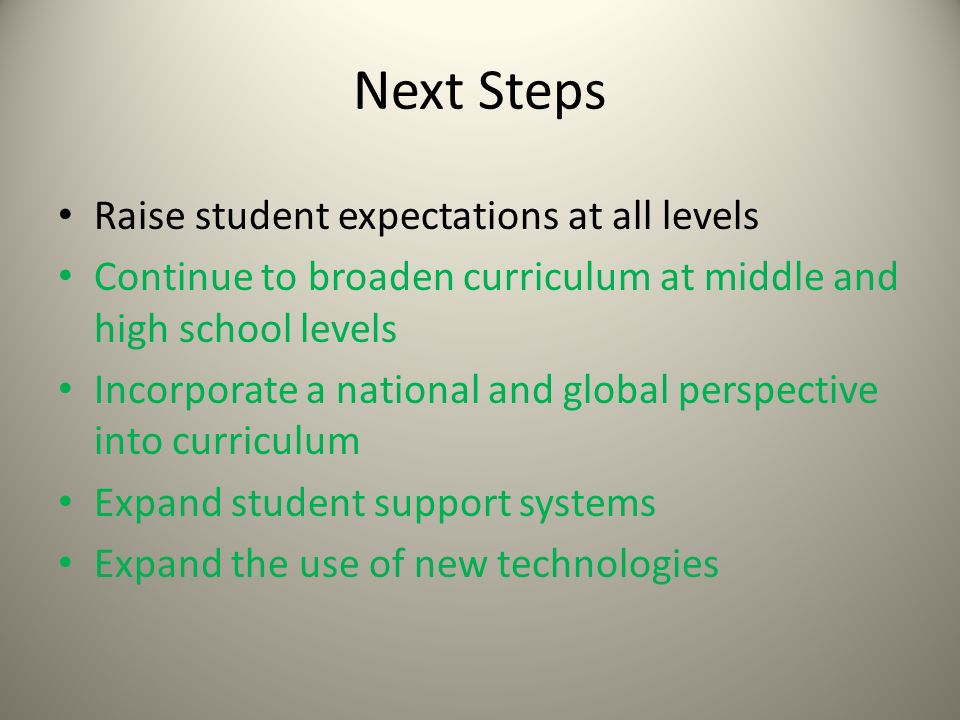 Next Steps Raise student expectations at all levels Continue to broaden curriculum at middle and high school levels Incorporate a national and global perspective into curriculum Expand student support systems Expand the use of new technologies