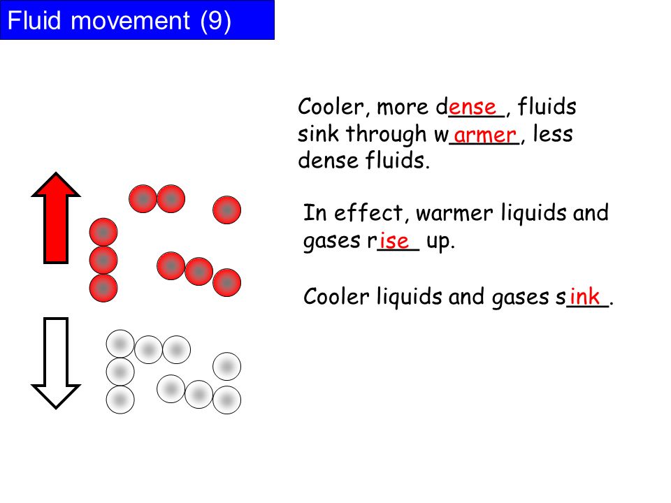 Fluid movement (9) Cooler, more d____, fluids sink through w_____, less dense fluids.