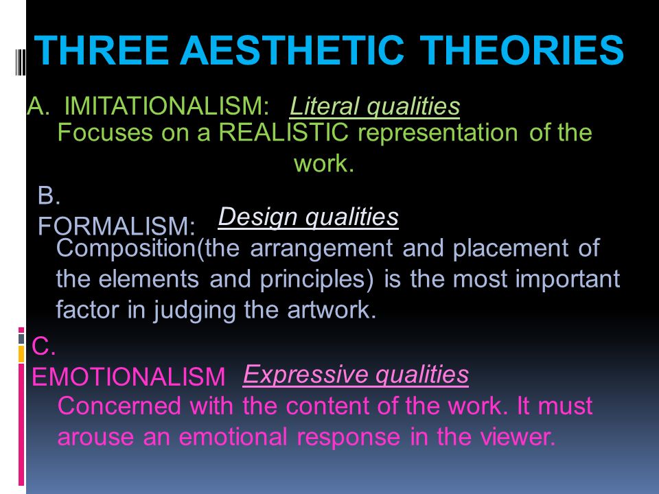 A.IMITATIONALISM: C. EMOTIONALISM B. FORMALISM: Focuses on a REALISTIC representation of the work.