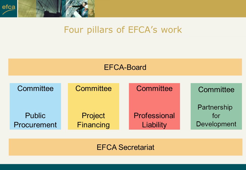 Four pillars of EFCA’s work EFCA-Board Committee Public Procurement Committee Project Financing Committee Professional Liability Committee Partnership for Development EFCA Secretariat