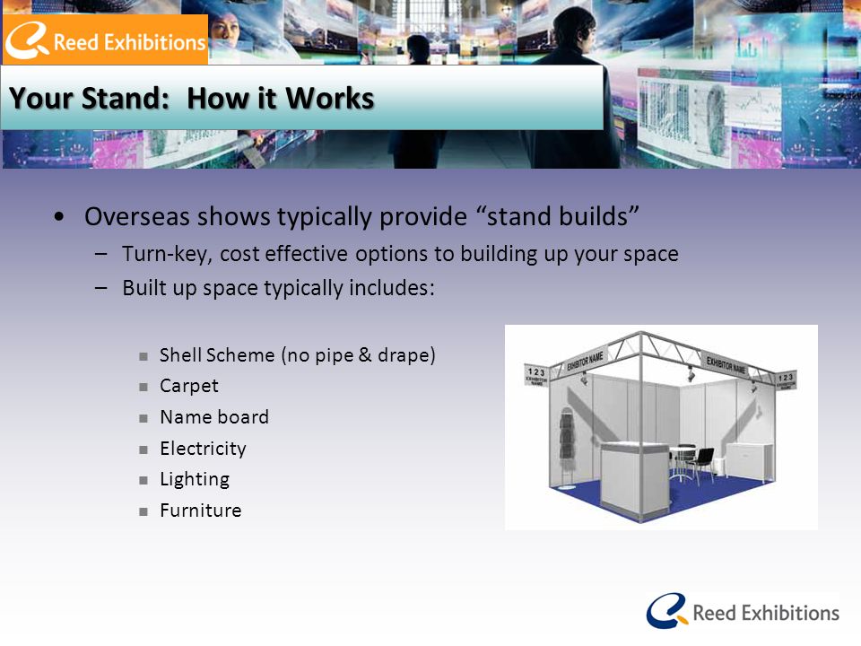 Your Stand: How it Works Overseas shows typically provide stand builds –Turn-key, cost effective options to building up your space –Built up space typically includes: Shell Scheme (no pipe & drape) Carpet Name board Electricity Lighting Furniture