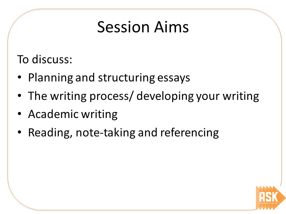Session Aims To discuss: Planning and structuring essays The writing process/ developing your writing Academic writing Reading, note-taking and referencing