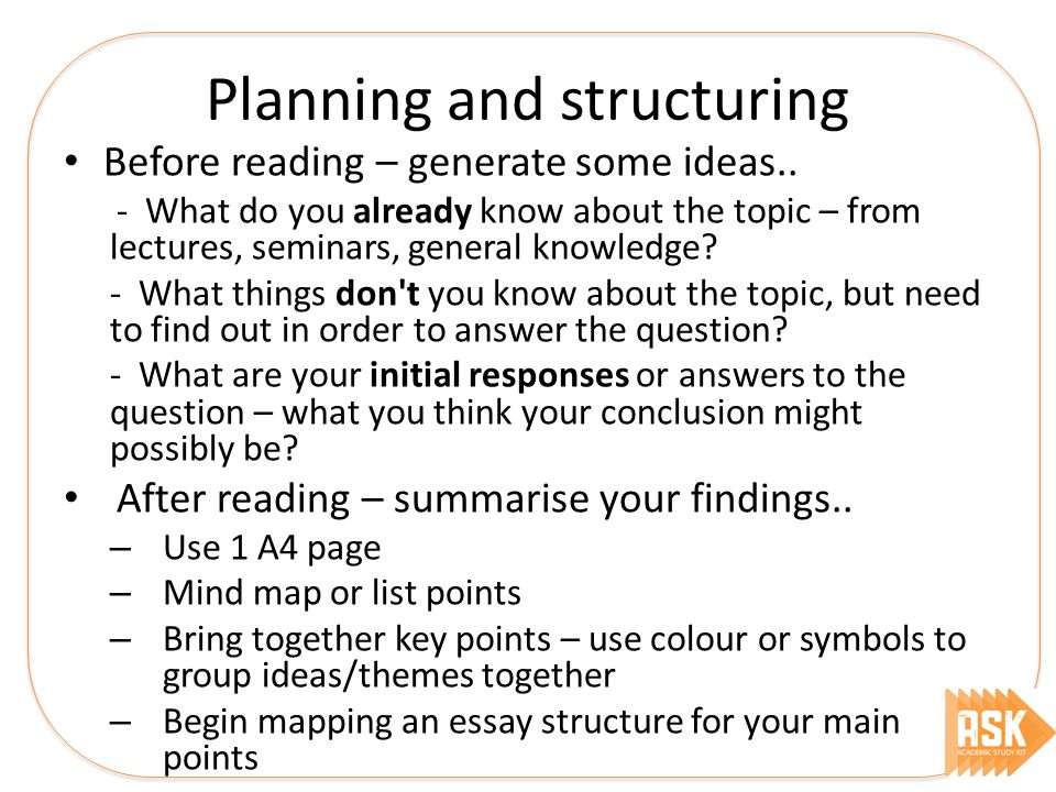 Planning and structuring Before reading – generate some ideas..