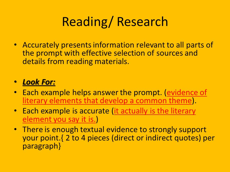 Reading/ Research Accurately presents information relevant to all parts of the prompt with effective selection of sources and details from reading materials.