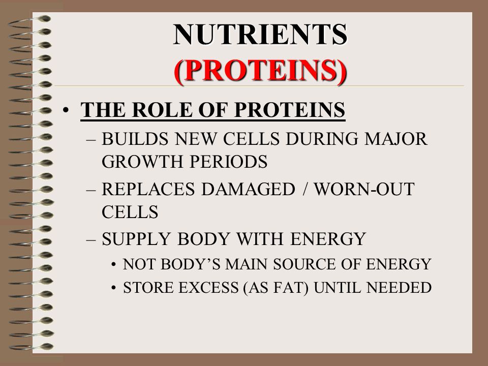 NUTRIENTS (PROTEINS) THE ROLE OF PROTEINS –BUILDS NEW CELLS DURING MAJOR GROWTH PERIODS –REPLACES DAMAGED / WORN-OUT CELLS –SUPPLY BODY WITH ENERGY NOT BODY’S MAIN SOURCE OF ENERGY STORE EXCESS (AS FAT) UNTIL NEEDED