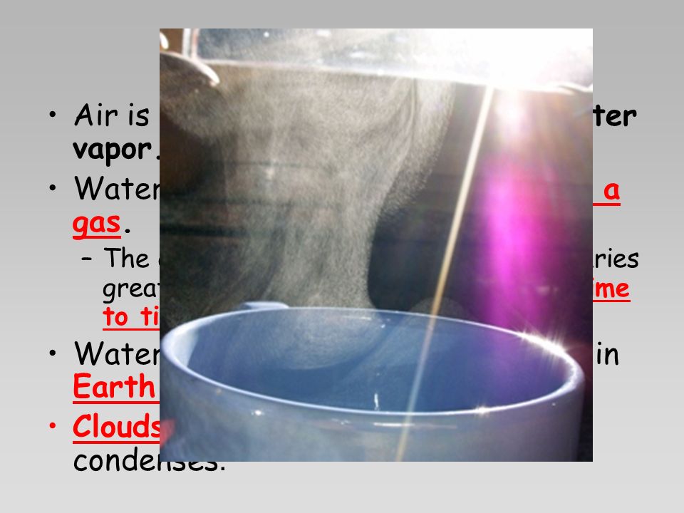 Water Vapor Air is not dry because it contains water vapor.