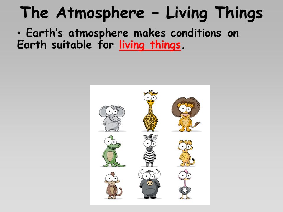 The Atmosphere – Living Things Earth’s atmosphere makes conditions on Earth suitable for living things.