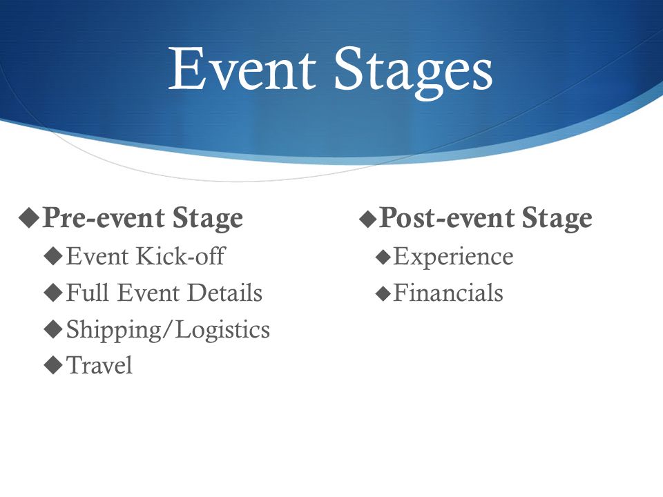 Event Stages  Pre-event Stage  Event Kick-off  Full Event Details  Shipping/Logistics  Travel  Post-event Stage  Experience  Financials
