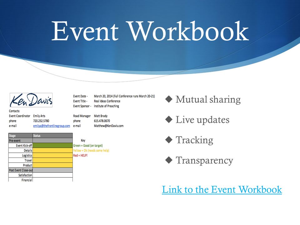 Event Workbook  Mutual sharing  Live updates  Tracking  Transparency Link to the Event Workbook