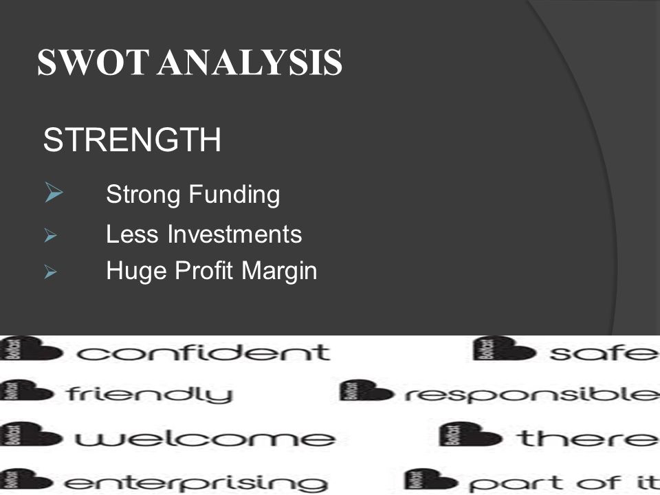 SWOT ANALYSIS STRENGTH  Strong Funding  Less Investments  Huge Profit Margin