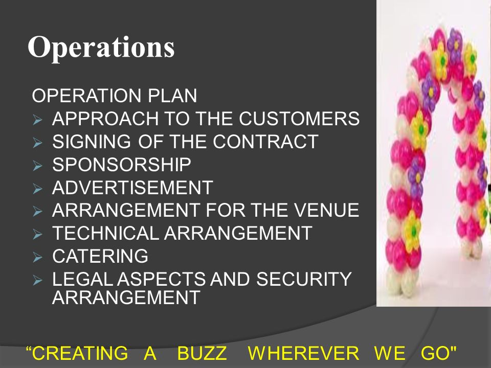 Operations OPERATION PLAN  APPROACH TO THE CUSTOMERS  SIGNING OF THE CONTRACT  SPONSORSHIP  ADVERTISEMENT  ARRANGEMENT FOR THE VENUE  TECHNICAL ARRANGEMENT  CATERING  LEGAL ASPECTS AND SECURITY ARRANGEMENT CREATING A BUZZ WHEREVER WE GO