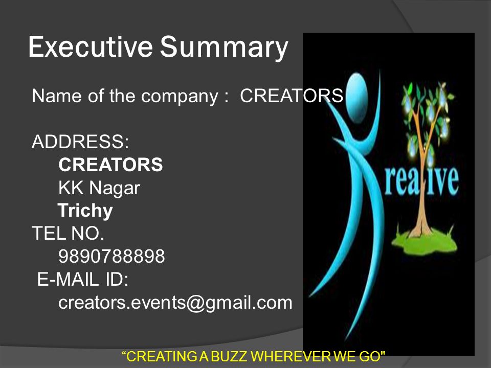 Executive Summary Name of the company : CREATORS ADDRESS: CREATORS KK Nagar Trichy TEL NO.