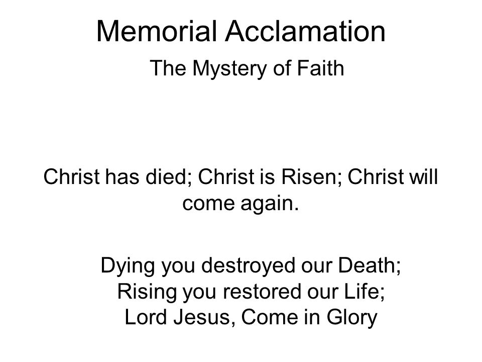 Memorial Acclamation Christ has died; Christ is Risen; Christ will come again.