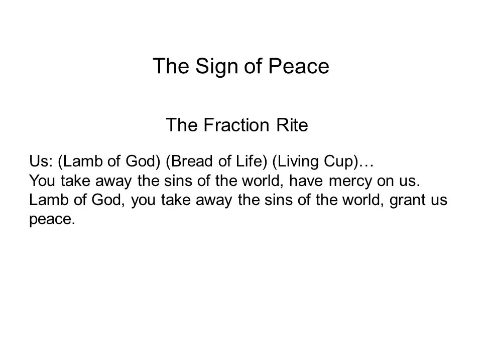 The Fraction Rite Us: (Lamb of God) (Bread of Life) (Living Cup)… You take away the sins of the world, have mercy on us.