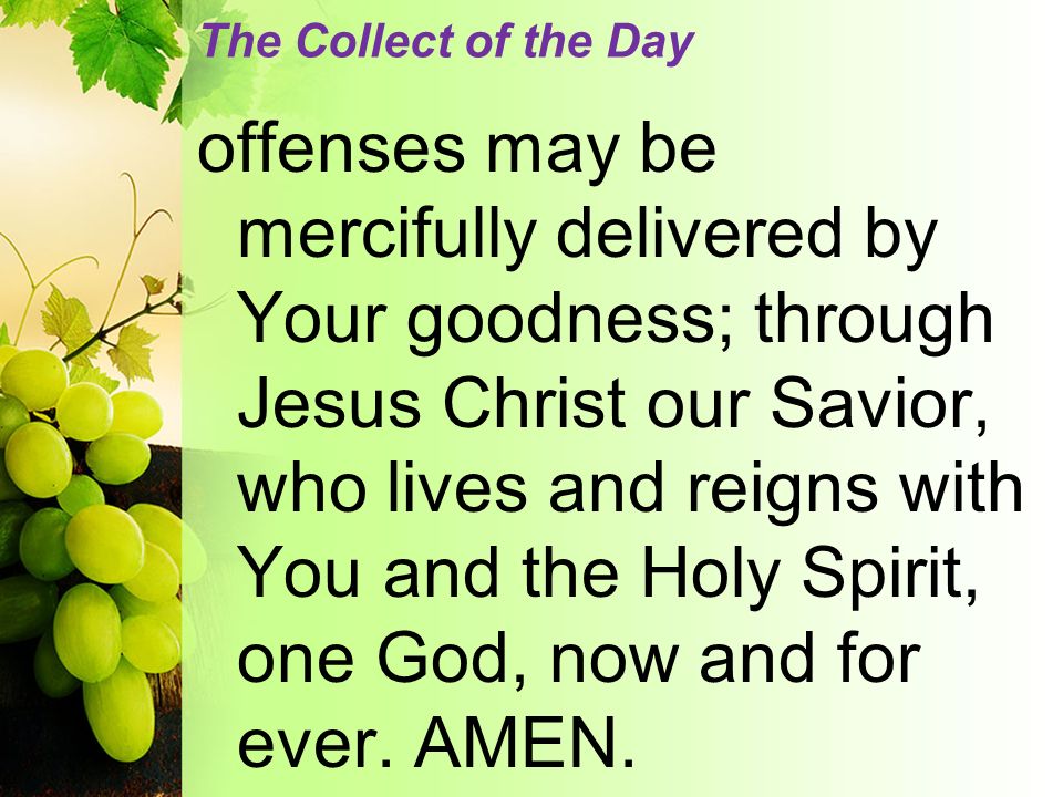 The Collect of the Day offenses may be mercifully delivered by Your goodness; through Jesus Christ our Savior, who lives and reigns with You and the Holy Spirit, one God, now and for ever.