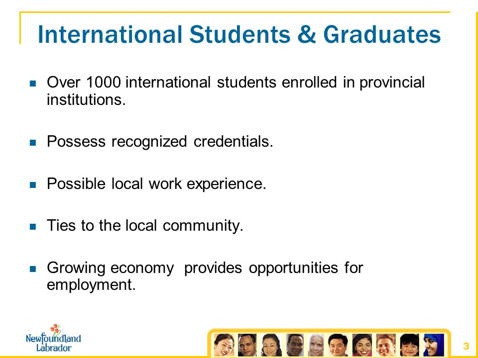 3 International Students & Graduates Over 1000 international students enrolled in provincial institutions.