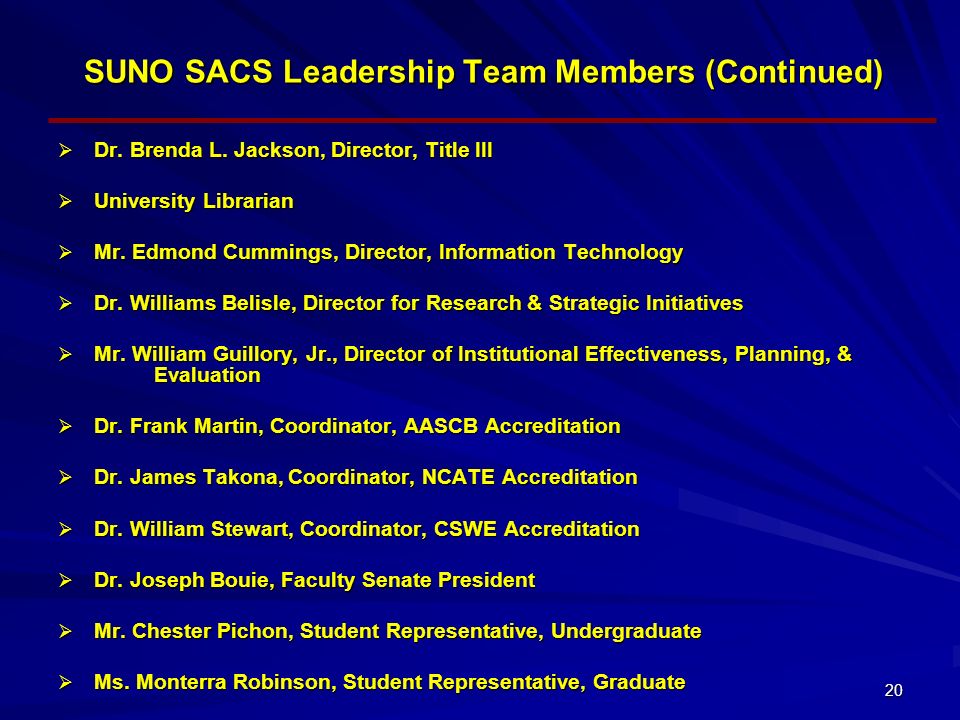 20 SUNO SACS Leadership Team Members (Continued)  Dr.