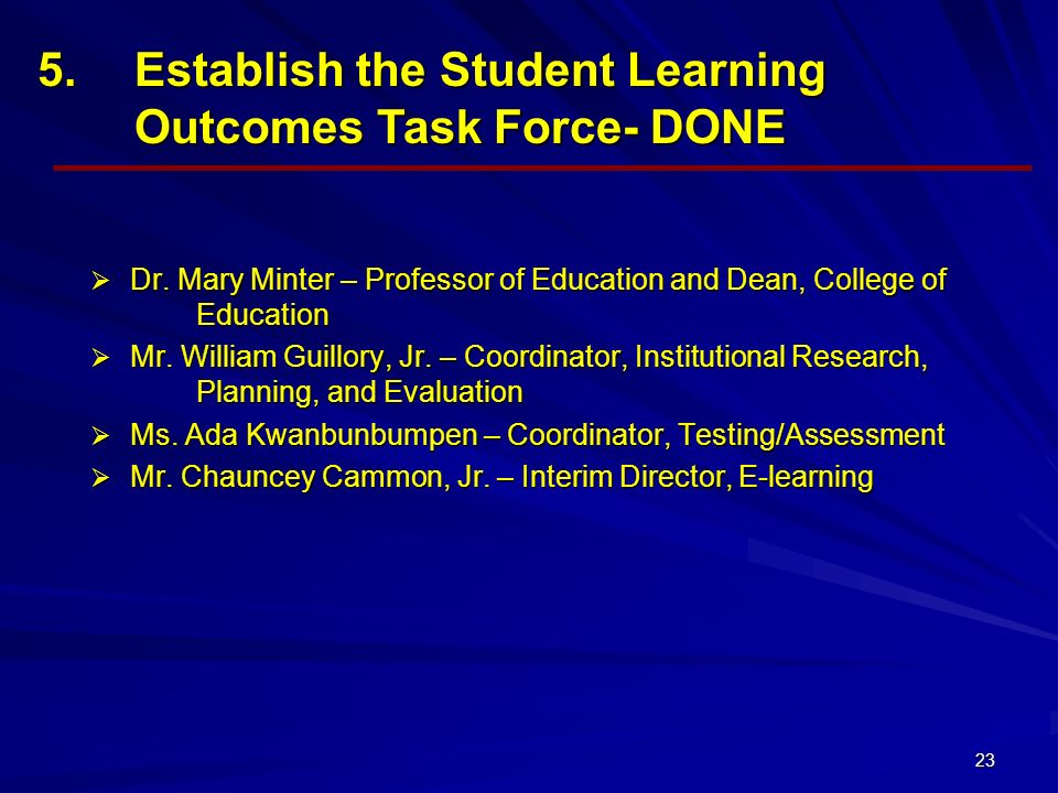 23 5.Establish the Student Learning Outcomes Task Force- DONE  Dr.
