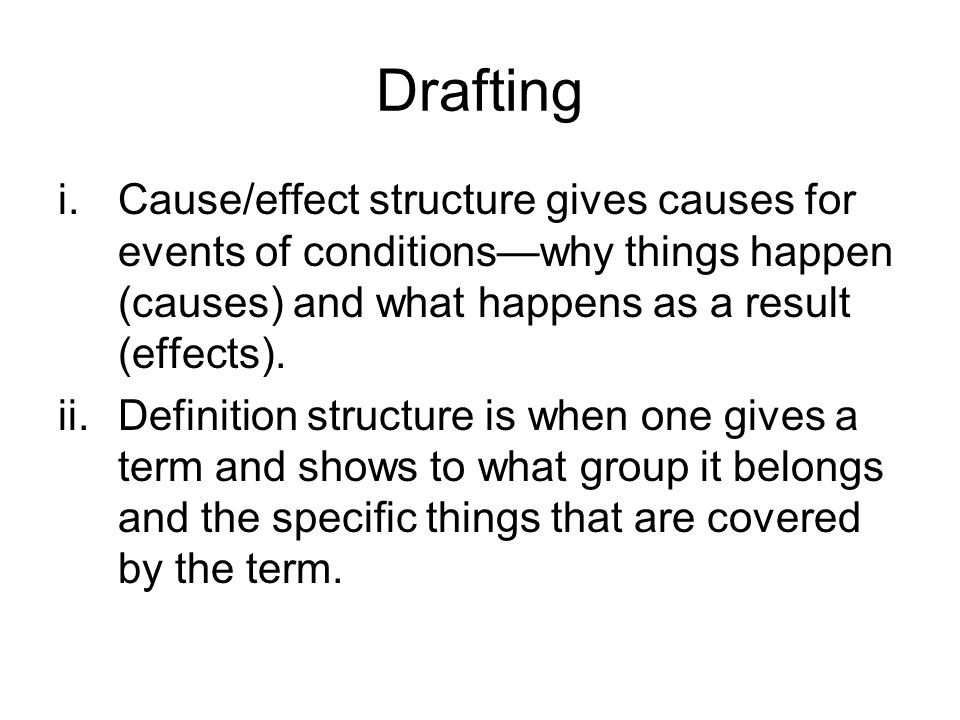 Drafting i.Cause/effect structure gives causes for events of conditions—why things happen (causes) and what happens as a result (effects).