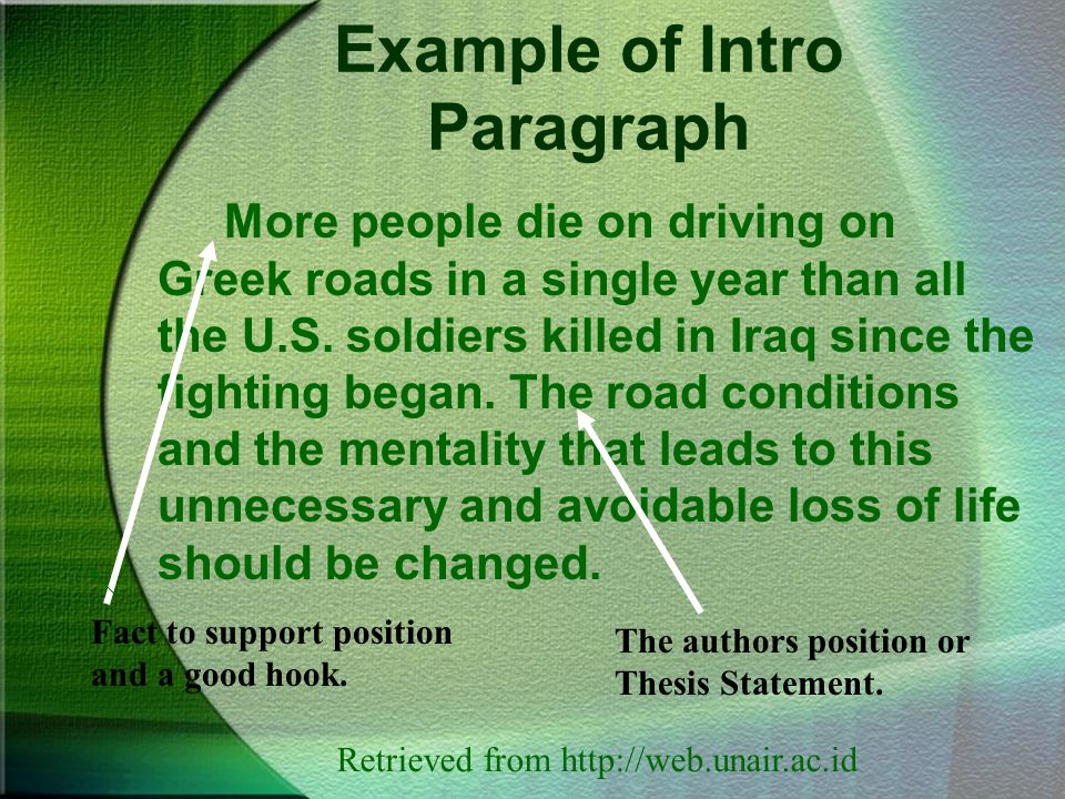 Example of Intro Paragraph More people die on driving on Greek roads in a single year than all the U.S.