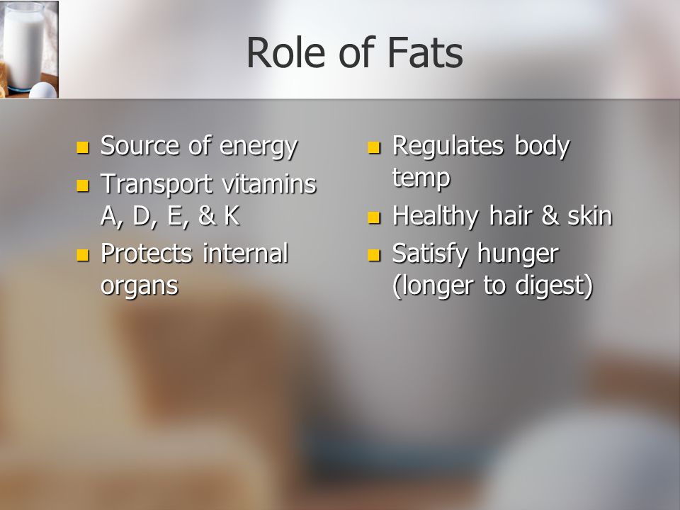 Role of Fats Source of energy Source of energy Transport vitamins A, D, E, & K Transport vitamins A, D, E, & K Protects internal organs Protects internal organs Regulates body temp Healthy hair & skin Satisfy hunger (longer to digest)