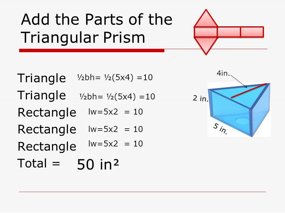 Add the Parts of the Triangular Prism Triangle Rectangle Total = 4in.