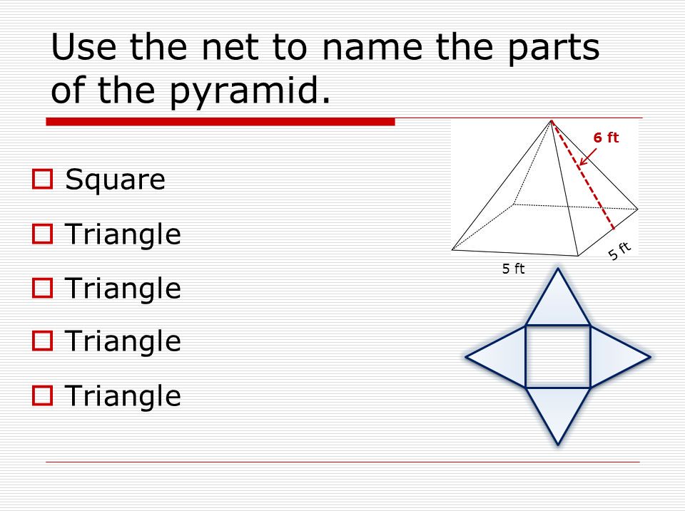 Use the net to name the parts of the pyramid.  Square  Triangle 5 ft 6 ft