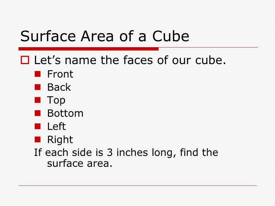 Surface Area of a Cube  Let’s name the faces of our cube.