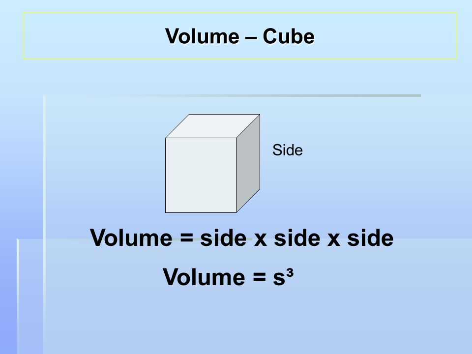 Side Volume = side x side x side Volume = s³ Volume – Cube