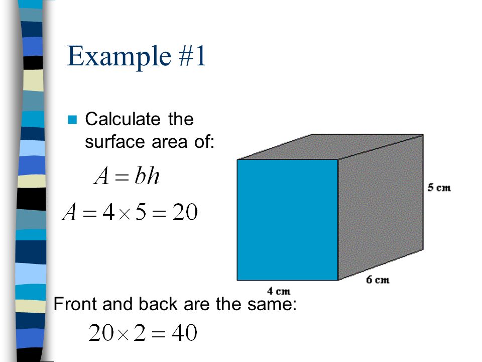 Example #1 Calculate the surface area of: Front and back are the same: