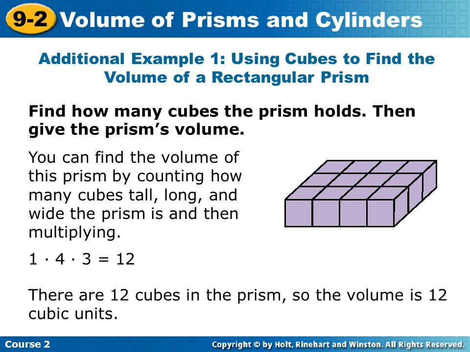 Find how many cubes the prism holds. Then give the prism’s volume.