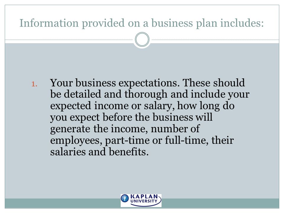Information provided on a business plan includes: 1.