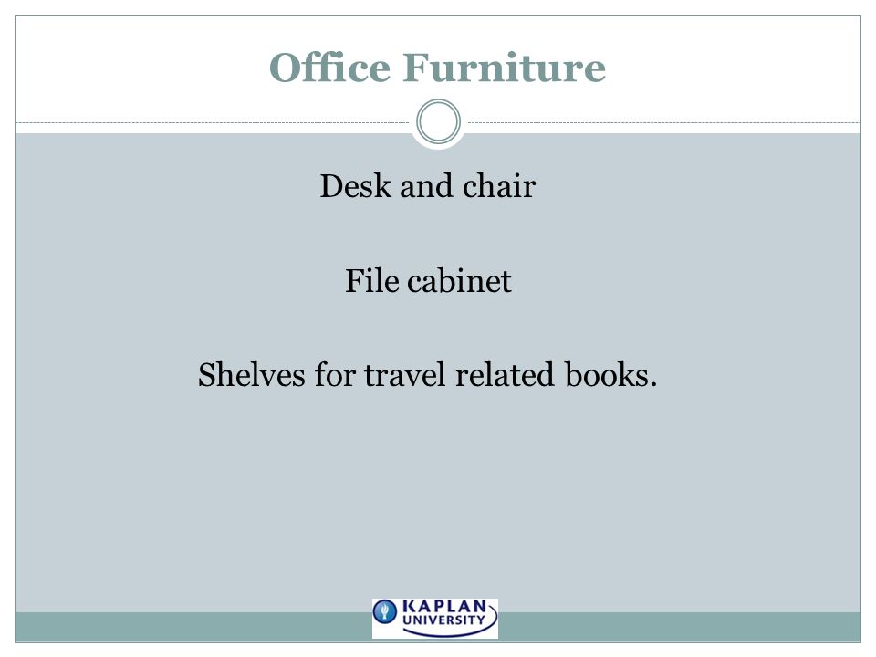 Office Furniture Desk and chair File cabinet Shelves for travel related books.