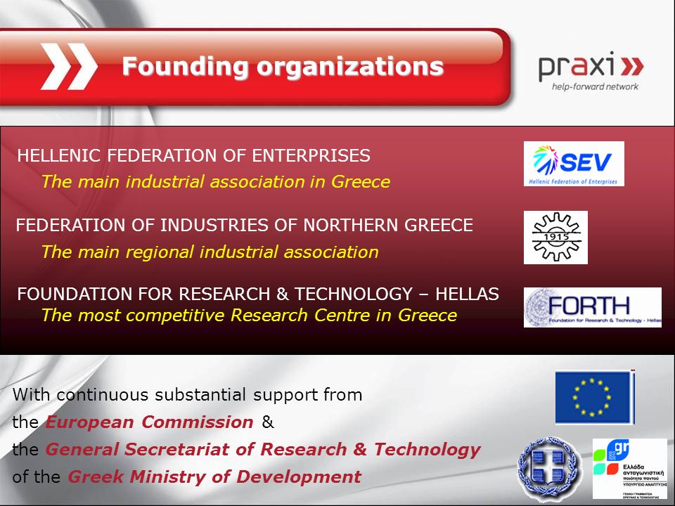 Founding organizations HELLENIC FEDERATION OF ENTERPRISES FOUNDATION FOR RESEARCH & TECHNOLOGY – HELLAS FEDERATION OF INDUSTRIES OF NORTHERN GREECE The main industrial association in Greece The main regional industrial association The most competitive Research Centre in Greece With continuous substantial support from the European Commission & the General Secretariat of Research & Technology of the Greek Ministry of Development